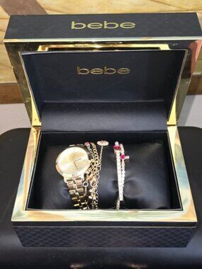 Bebe Watch & Bracelet Set Gold Pink Rhinestone Gift Box New